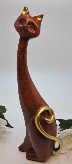 Beeldje - Gatto Elegante in Resina Effetto Legno con