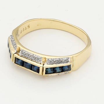 Bague - 18 carats Or jaune - Diamant - Saffier, Nieuw