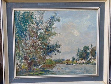 Reijer Murman (1908 -1981) - Landschap met water en boot, Antiek en Kunst