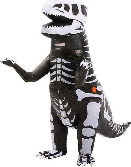 KIMU® Opblaas Kostuum T-Rex Zwart Wit Skelet Opblaasbaar Pak, Kleding | Heren, Carnavalskleding en Feestkleding, Nieuw, Ophalen of Verzenden