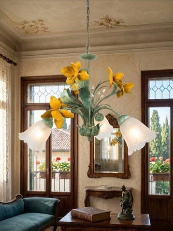 Eurolamp - Plafondlamp - 3 armen - Opaline glas, Smeedijzer