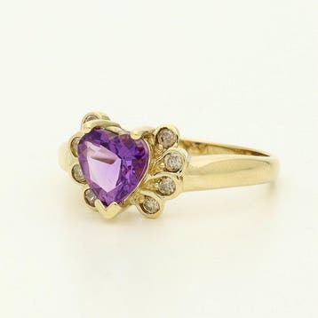 Bague - 14 carats Or jaune Diamant (Naturelle) - améthyste