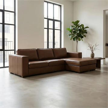 Leren hoekbank Fine - 2,5 zits arm links + longchair rechts, 250 tot 300 cm, Nieuw, Ophalen of Verzenden, Modern