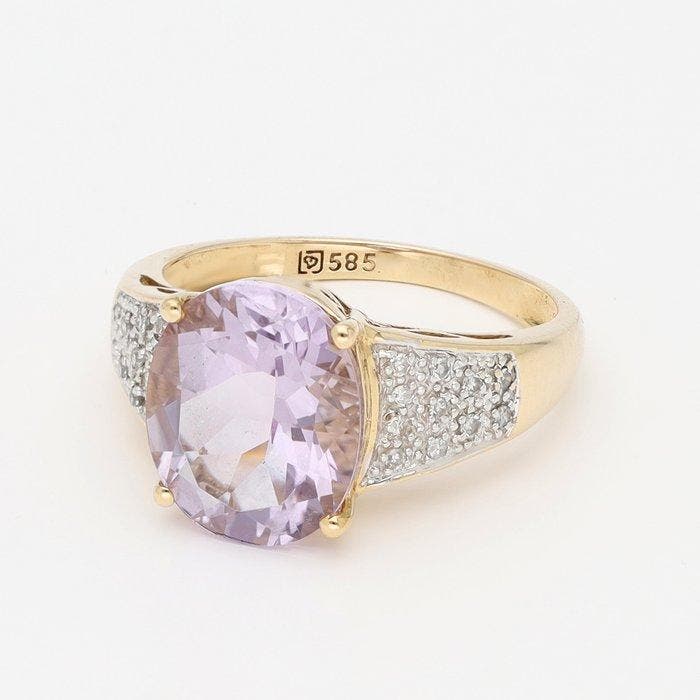 Bague - 14 carats Or jaune, Or blanc Améthyste - Diamant, Handtassen en Accessoires, Ringen