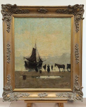 Bernard Blommers (1845-1914) - Vissersvolk bij een bomschuit