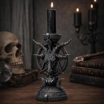 sculptuur, Occult Goat Head Candle Holder – Pentagram Gothic
