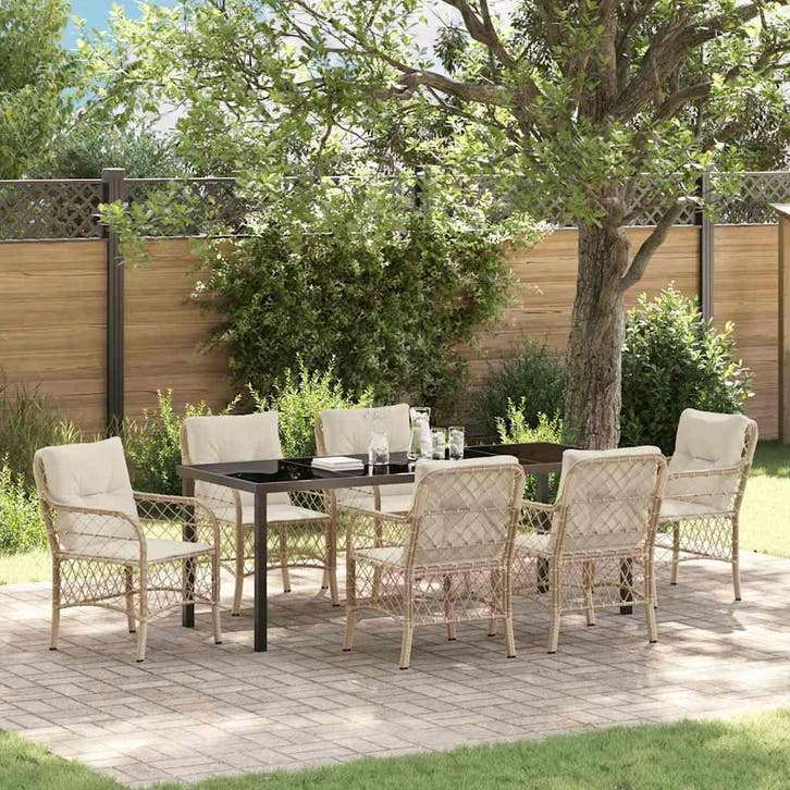 vidaXL Tuin Eettafel Set 7 st Beige poly rattan, Tuin en Terras, Tuinsets en Loungesets, Nieuw, Verzenden