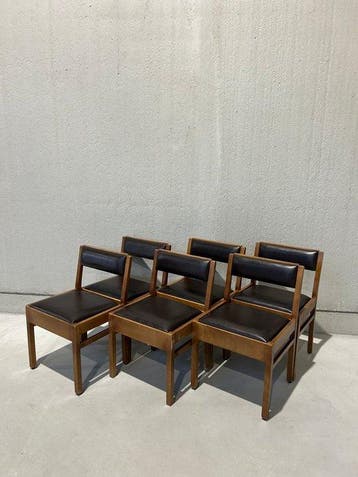 Stoel - Hout, Synthetisch leder - Set van zes vintage
