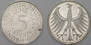 5 duitse Mark 1957 J 5 Mark Kursmunten Bondsrepubliek Dui..., Verzenden