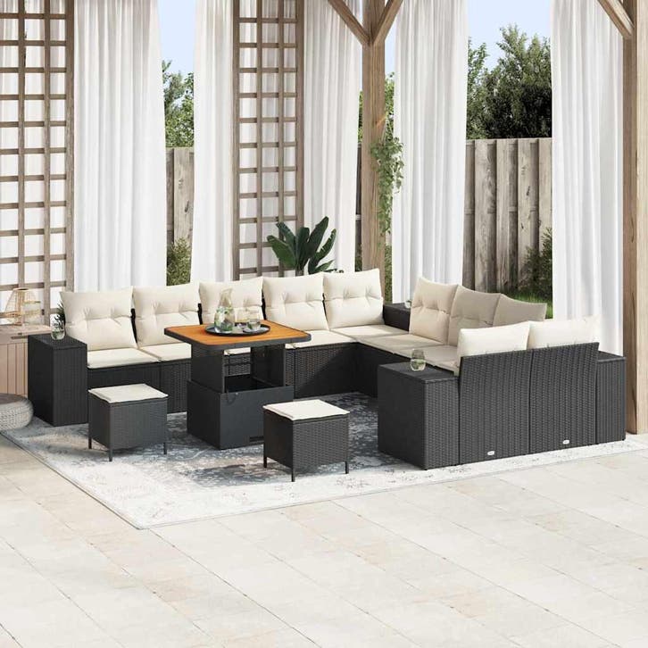 vidaXL Tuinbank Set 13 st Zwart en Crème poly rattan, Tuin en Terras, Tuinsets en Loungesets, Nieuw, Verzenden