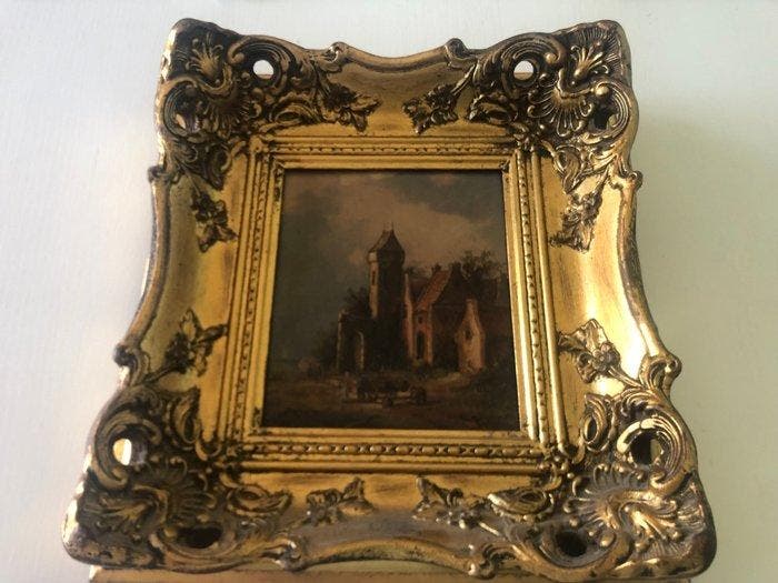 École néerlandaise (XIX) - Zicht op huizen en mensen, Antiek en Kunst, Kunst | Schilderijen | Klassiek