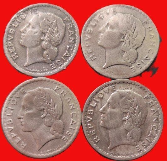 Frankrijk. 5 Francs 1952 Lavrillier Alu (lot de 4 monnaies), Timbres & Monnaies, Monnaies | Europe | Monnaies non-euro