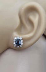 Oorbellen - 18 karaat Witgoud Saffier - Diamant, Handtassen en Accessoires, Oorbellen, Nieuw