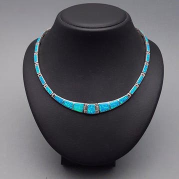 Zilver, Art Deco, Blauwe Opaal - Halsketting