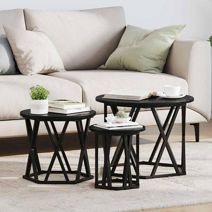 vidaXL Nestende Side Table 3 pcs Zwart Eiken Engineered hout, Huis en Inrichting, Tafels | Salontafels, Nieuw, Verzenden
