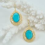 Turquoise - Argent, Plaqué or - Boucles doreilles -