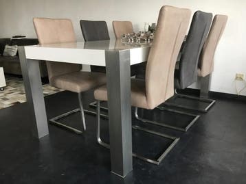 Set van 6 leren eetkamerstoelen met rvs sledepoot - diverse, Ophalen of Verzenden, Nieuw, Eén