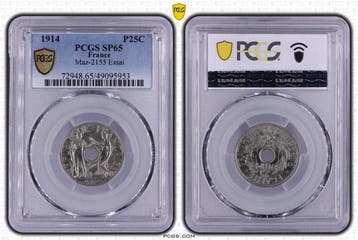 Frankrijk. 25 Centimes 1914 Concours de Delpech. Essai. PCGS