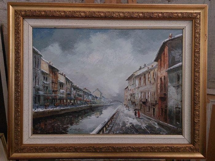 Eugenio Mantegani (1929-2005) - Milano Il naviglio grande, Antiquités & Art, Art | Peinture | Classique
