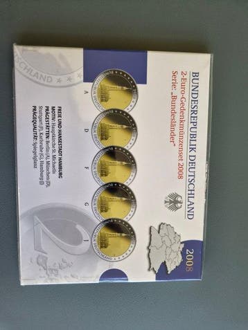 Duitsland. 2 Euro 2008/2010 A,D,F,G,J (15 coins) Proof