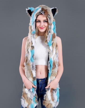 KIMU® Hood Wolf Muts Lapjes Bruin Wit Blauw Skimuts Bontmuts, Ophalen of Verzenden, Nieuw