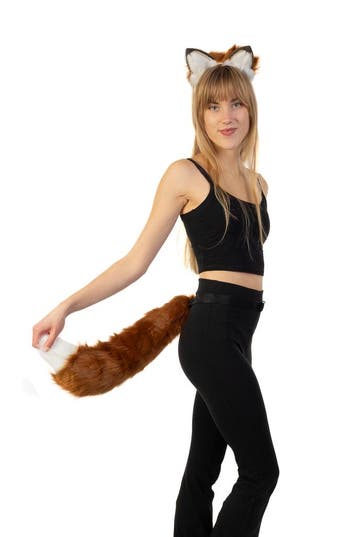 KIMU® Haarband Furry Oren Staart Set Bruin Wit Punt Kat Poes, Ophalen of Verzenden, Nieuw