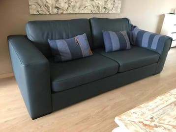 Leren 3-zits bank met houten poten - blauw leer, Antiek en Kunst, Ophalen of Verzenden