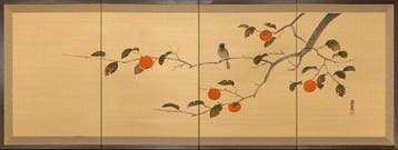 Un paravent japonais en soie à quatre panneaux avec des, Antiek en Kunst