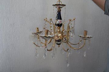 Candélabre - Laiton doré - 5 bras en porcelaine/cristal