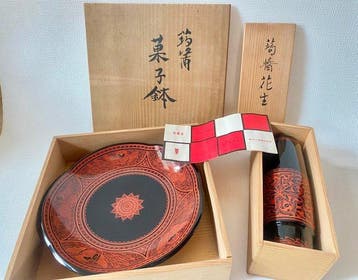 Vintage Japanse Kinma lakwerk-set – gesigneerd door Shosai &