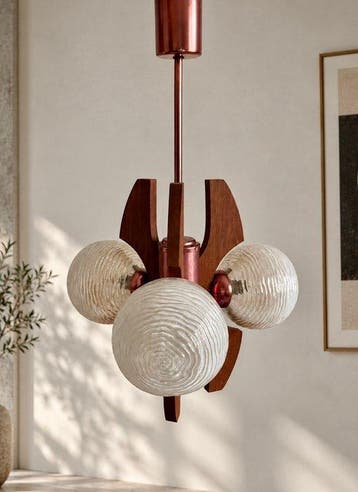 Plafondlamp - Hout, Glas, Messing - Een vintage hanglamp, Antiek en Kunst