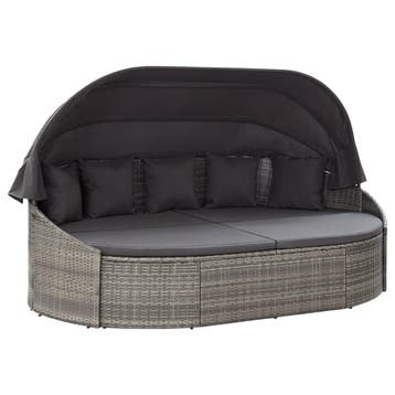 vidaXL Loungebed met luifel poly rattan grijs, Tuin en Terras, Verzenden, Nieuw