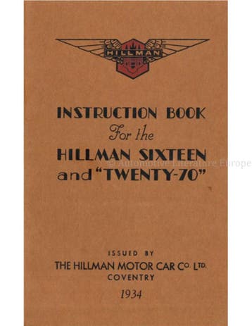 1934 HILLMAN SIXTEEN | TWENTY-70 INSTRUCTIEBOEKJE ENGELS