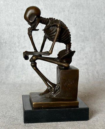 Statue, Prachtig bronzen sculptuur: “Skelet Denker” (Zonder