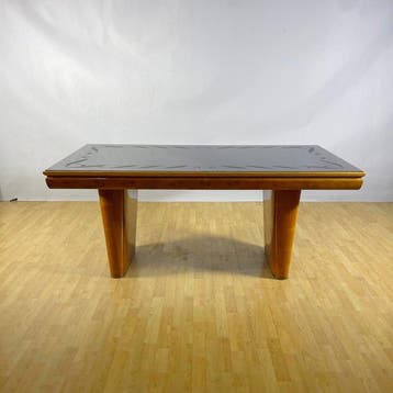 Tafel - Wortelnotenhout, Glas - Floreal Decorated Glass