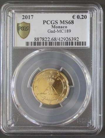 20 Cents Monaco Km 192 20 Cent 2017 Albert Ii Pcgs Ms68, Postzegels en Munten, Munten | Europa | Euromunten, Verzenden, België