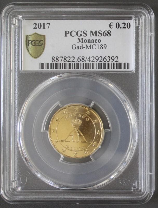 20 Cents Monaco Km 192 20 Cent 2017 Albert Ii Pcgs Ms68, Timbres & Monnaies, Monnaies | Europe | Monnaies euro, Envoi
