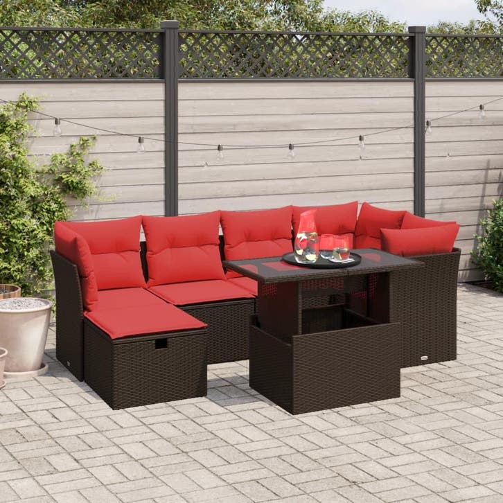 vidaXL 7-delige tuinbankset met kussens, bruin polyrotan, Tuin en Terras, Tuinsets en Loungesets, Nieuw, Verzenden