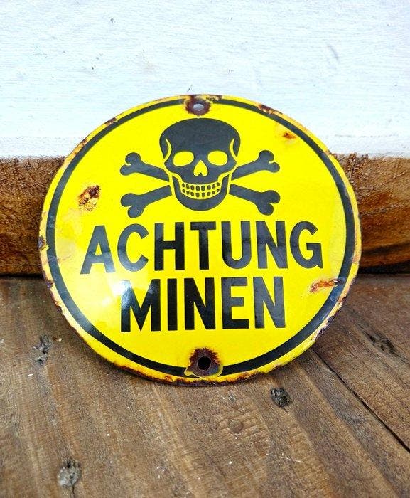 Emaille bord - Pas op mijnen! - Emaille, Antiek en Kunst, Antiek | Wandborden en Tegels