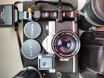 Minolta SR-1 + Rokkor 2/55mm + Soligor 2,8/135mm + flash +, Nieuw