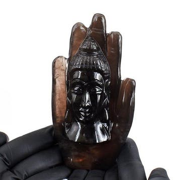 Beeld, No Reserve - Rare Smoky Quartz Carved Buddha on, Verzamelen, Mineralen en Fossielen