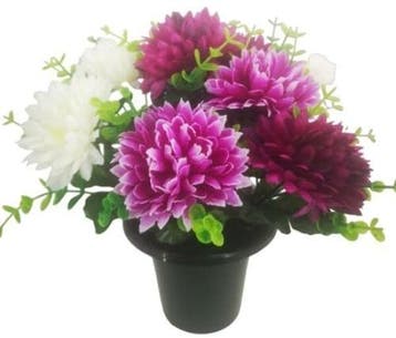Grafstuk zijdenbloem chrysant en eucalyptus rouwboeket voor