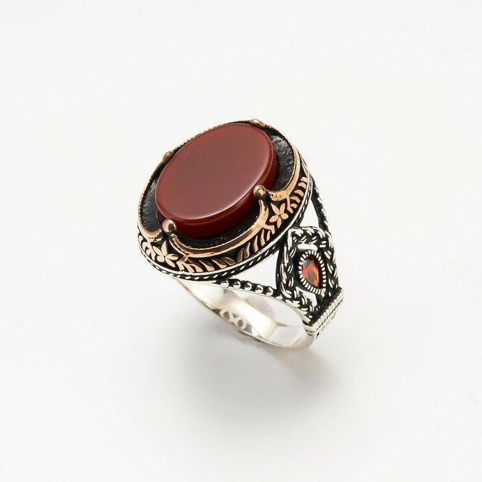 Zonder minimumprijs - Ring Zilver Carneool - Herenring, Handtassen en Accessoires, Ringen