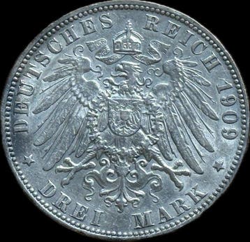 Duitsland, keizerrijk 3 Mark 1909. Free Hanseatic city of