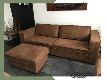 Leren 3.5-zits bank met Franse stiknaad en houten poten -, Antiek en Kunst, Ophalen of Verzenden