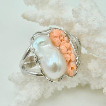 Koraal - Zilver - Ring - Roze koraal, Antiek en Kunst