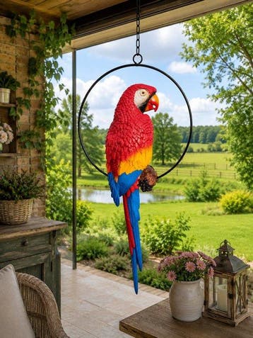 Statue, life size colorful parrot in hoop - 68 cm -