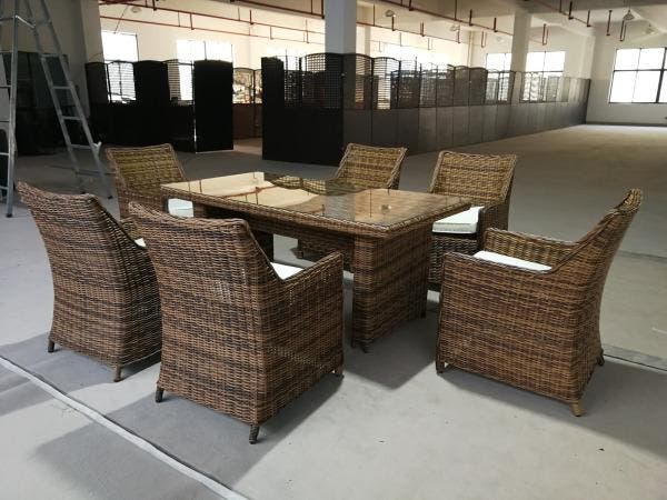 Veiling - Diningset 7-delig - halfrond wicker - Bruin / grij, Jardin & Terrasse, Ensembles de jardin