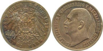 Duitsland 3 Mark 1913 Adolf Friedrich Mecklenburg Strelit..., Verzenden, België
