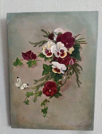 C Tilman (XIX) - Verschillende bloemen met een vlinder
